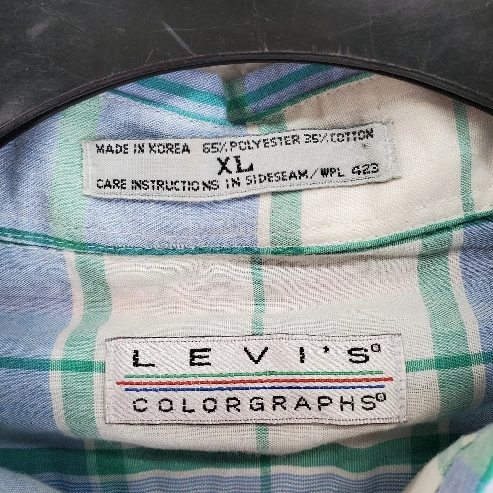 Vtg Levis Shirt Mens XL Tartan Plaid Button Down Blue White Colorgraphs 80s SS